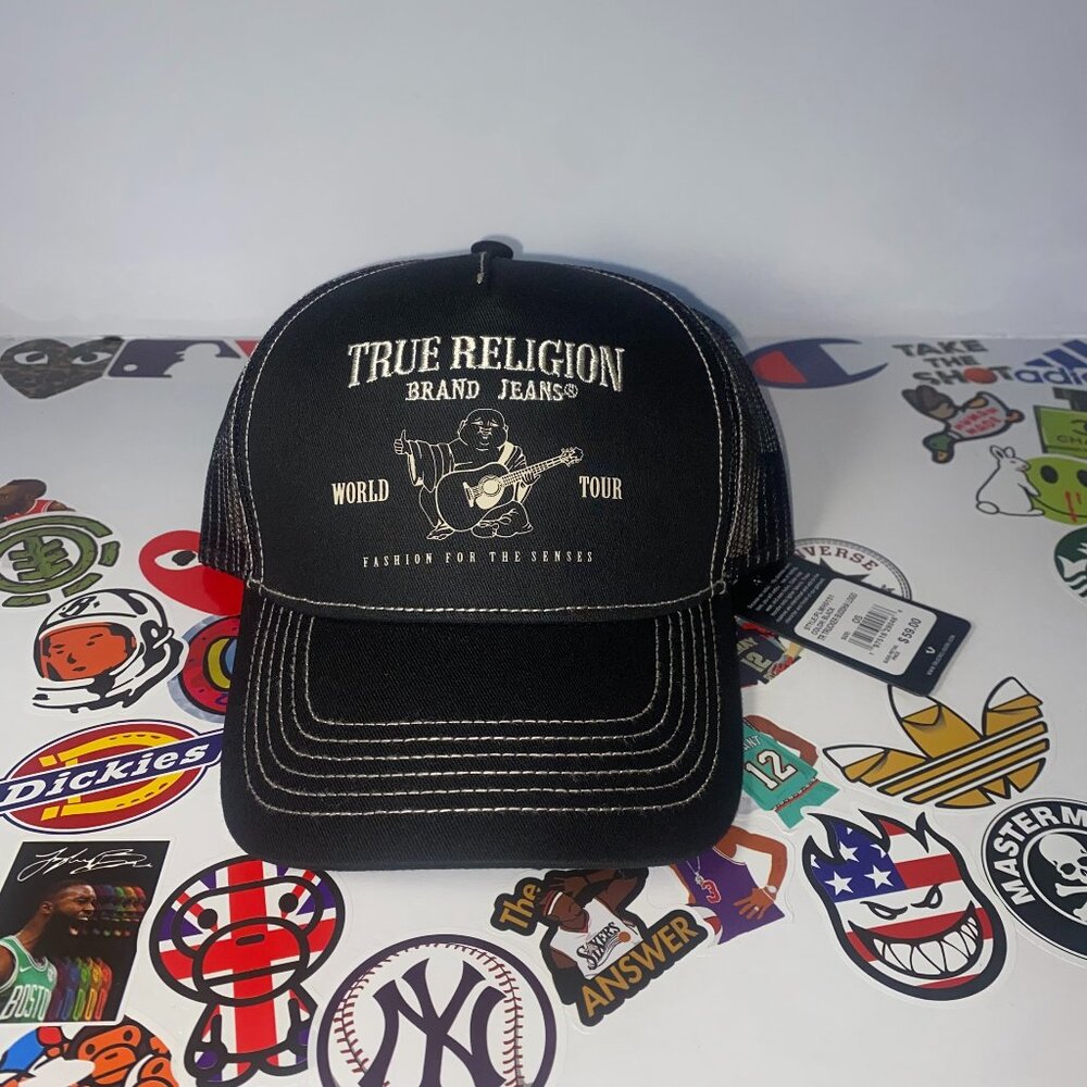 NWT TRUE RELIGION Black Buddha Logo Snapback Trucker Cap hat OSFM